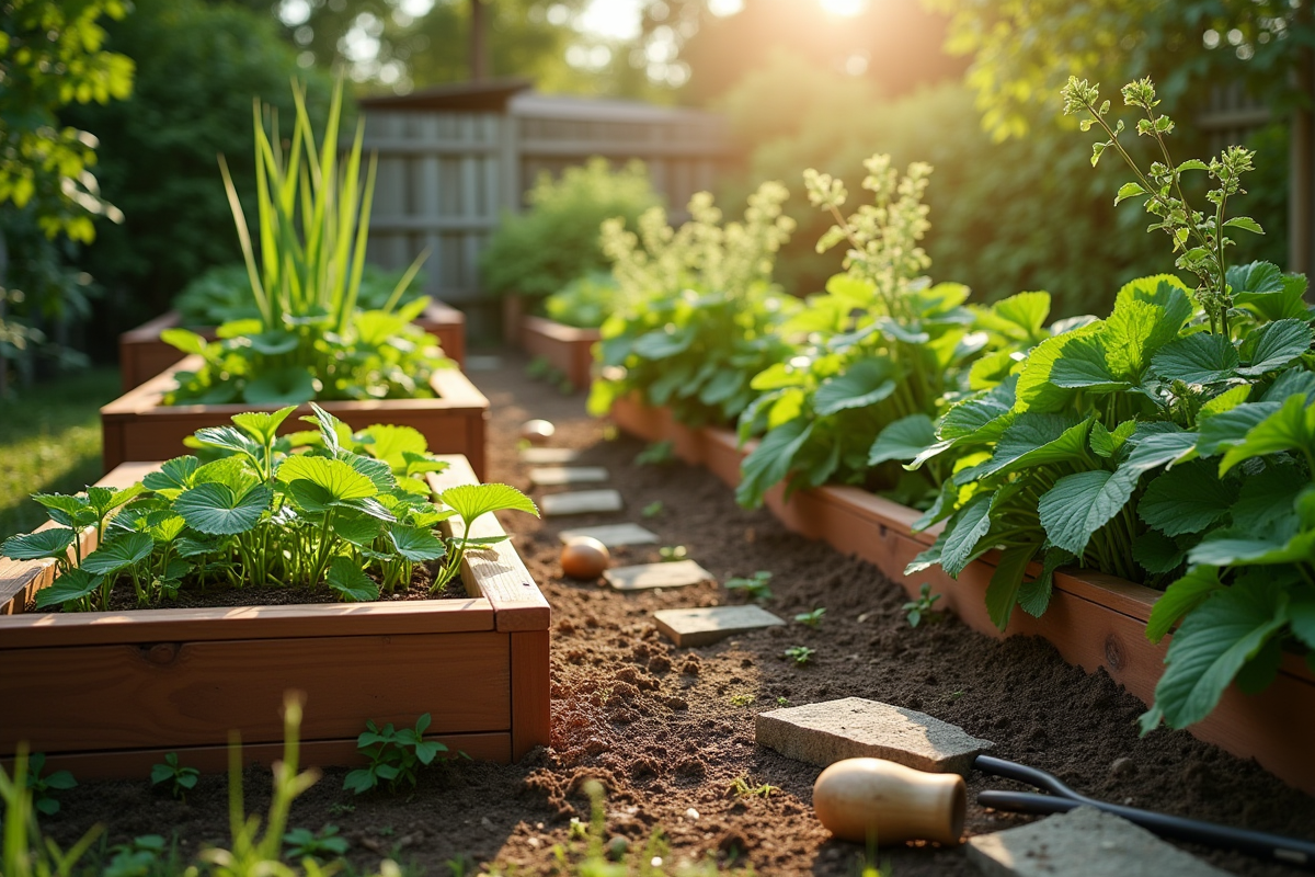 Jardin potager en forme de J avec plantes et outils