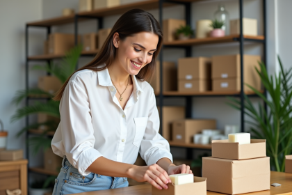 Jeune femme emballant des savons bio dans un atelier lumineux