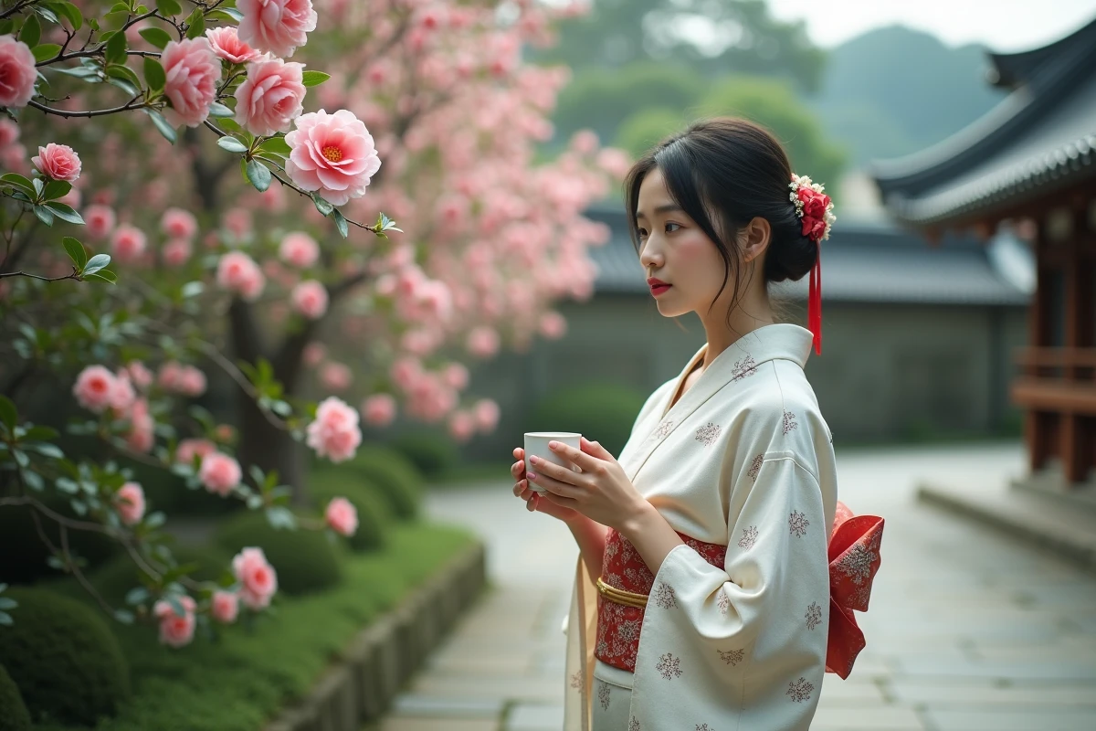 Jeune femme japonaise dans un jardin avec camellia en fleurs