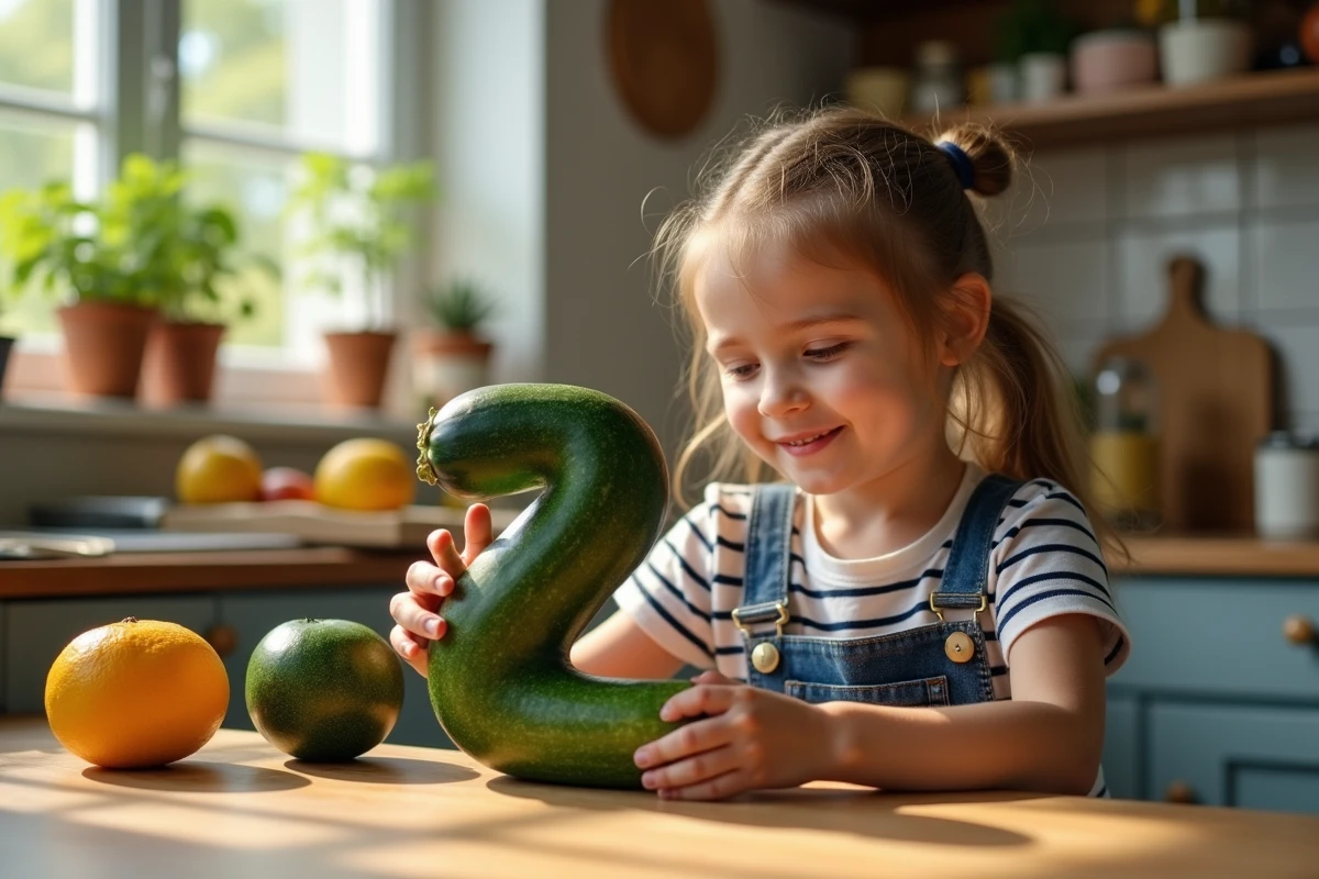 Jeune fille examine un zucchini en forme de Z dans la cuisine