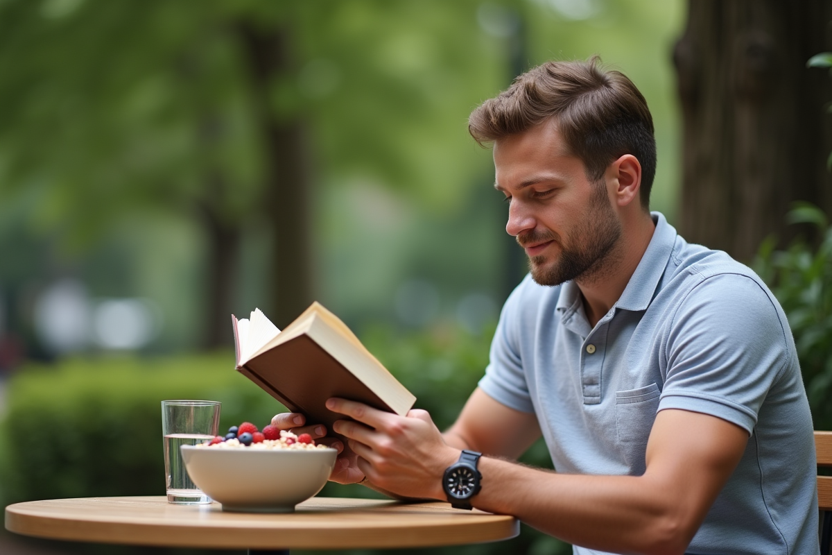 Jeune homme lisant un livre sur le keto avec un bol d