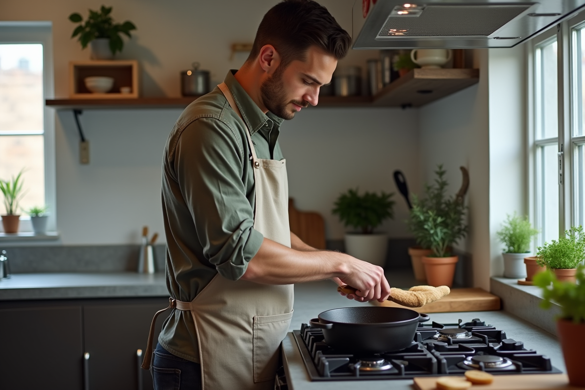 Jeune homme cuisinant avec un set de poêles en fonte dans une cuisine moderne