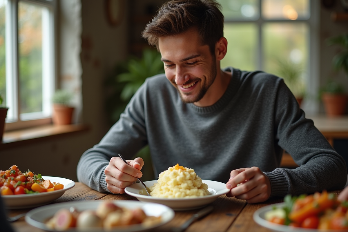 Jeune homme souriant observant sa portion de purée dans un repas convivial