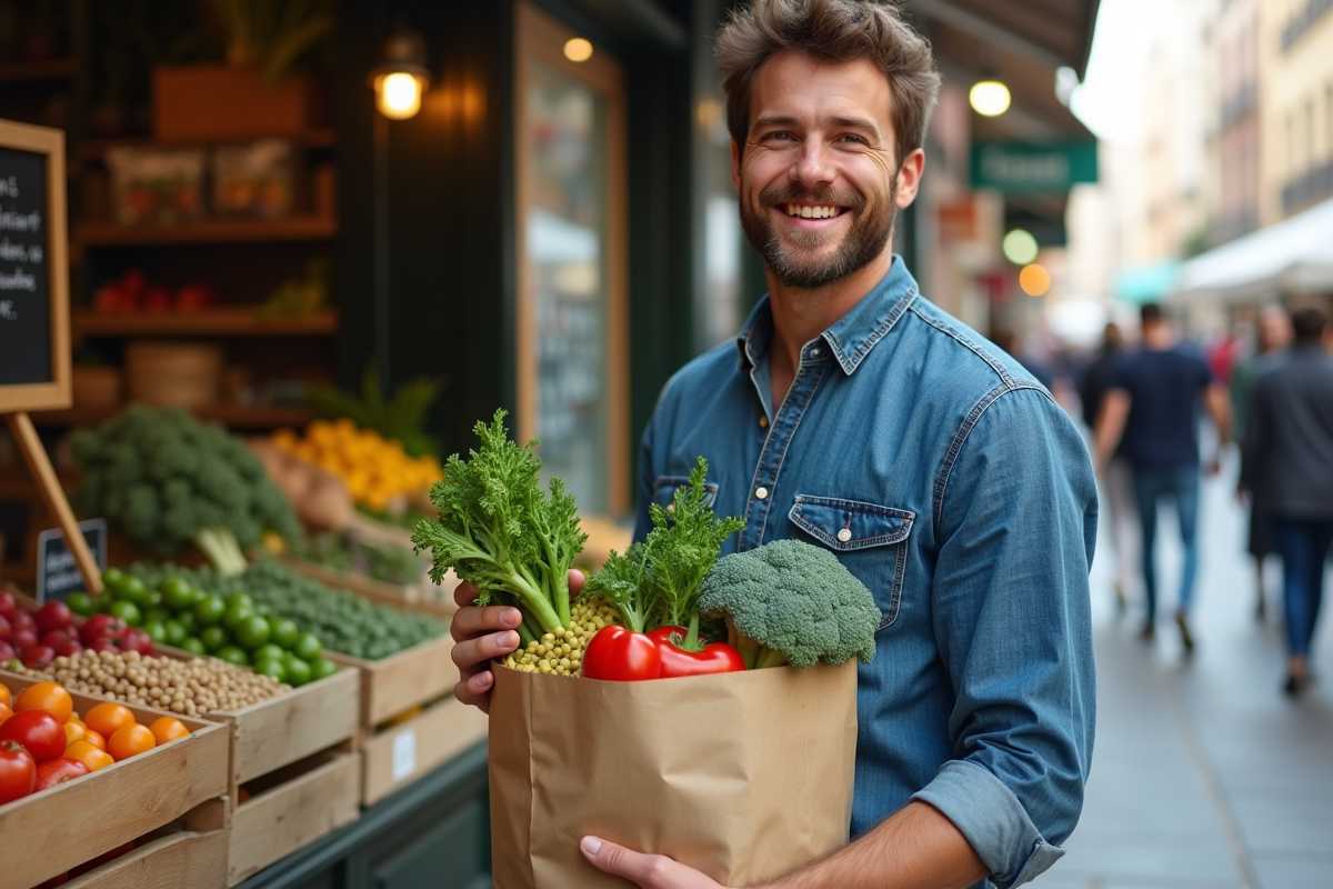 Jeune homme avec sac de légumes au marché en plein air
