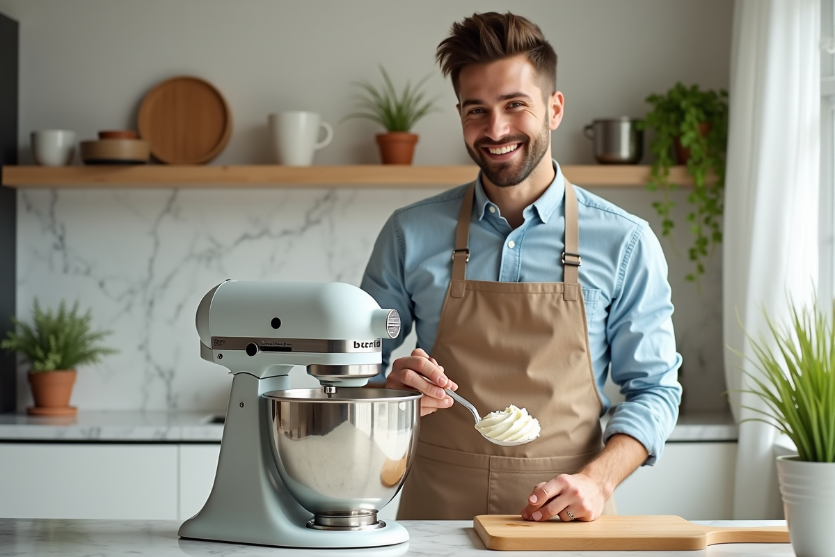 Jeune homme souriant avec un mixeur rempli de crème fouettée