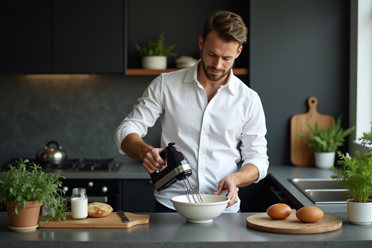 Jeune homme utilisant un mixeur électrique dans la cuisine moderne