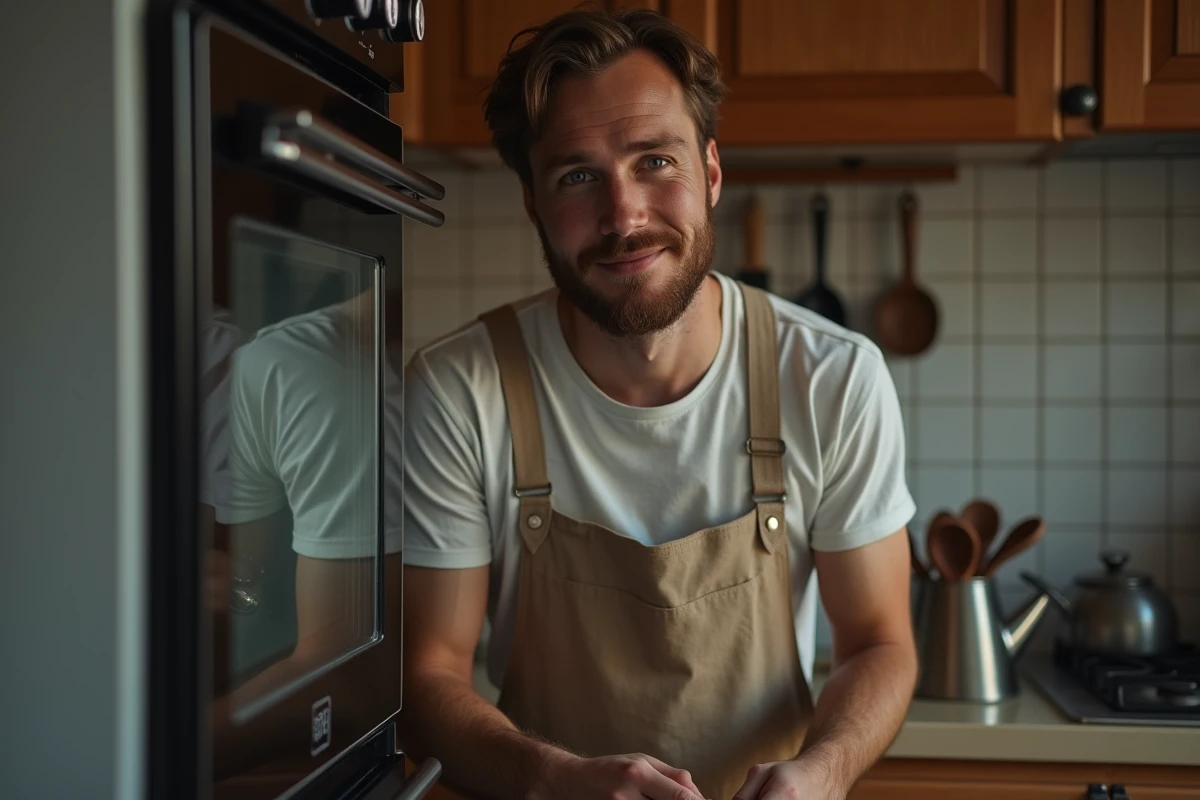 Jeune homme regardant à travers la porte du four vapeur