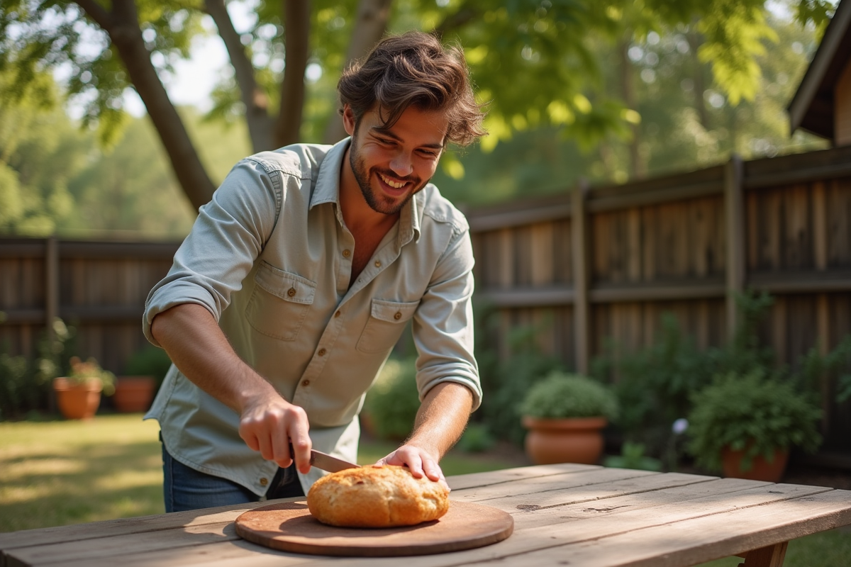Jeune homme coupant un pain frais sur une table extérieure ensoleillée