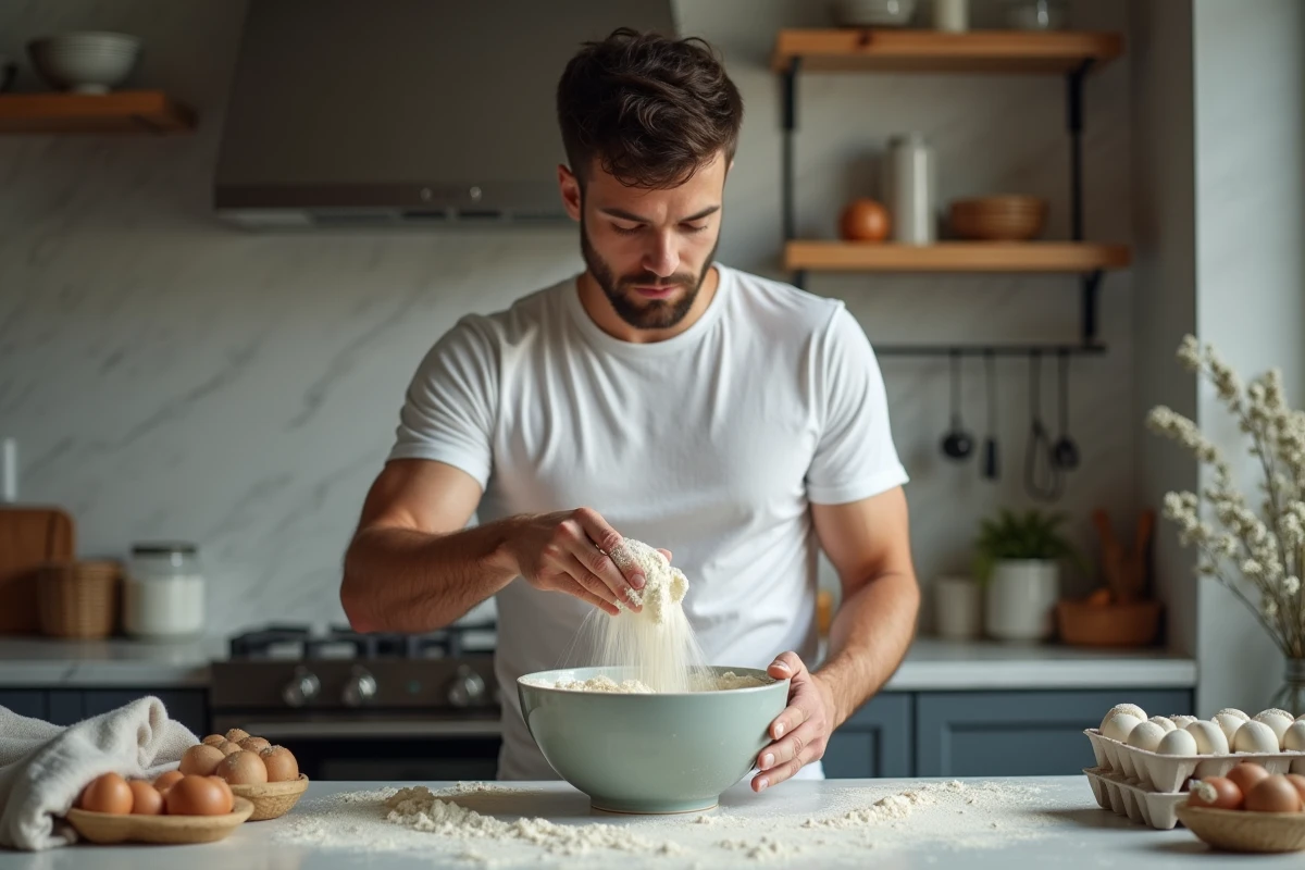 Jeune homme tamisant de la farine dans une cuisine moderne