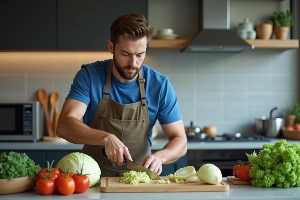 Jeune homme coupant du chou dans une cuisine moderne