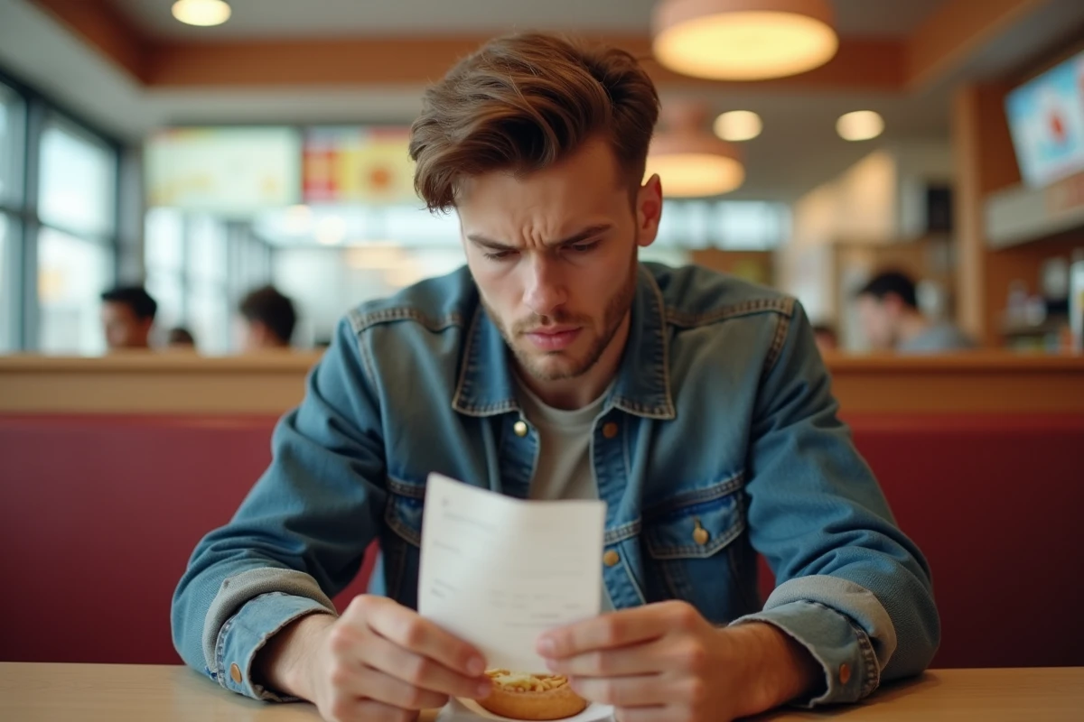 Jeune homme en denim regarde son reçu au restaurant