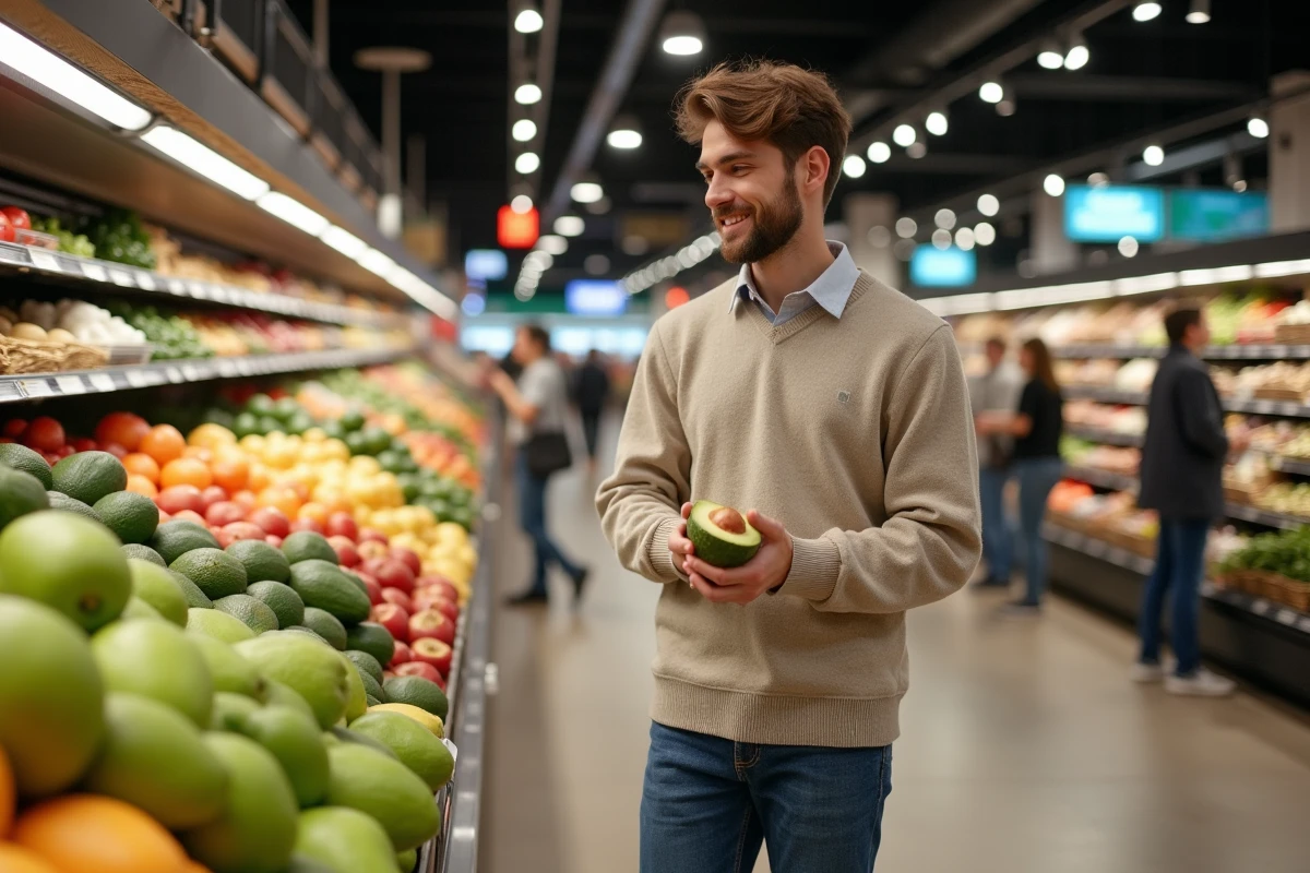 Jeune homme choisissant un avocat dans le rayon fruits