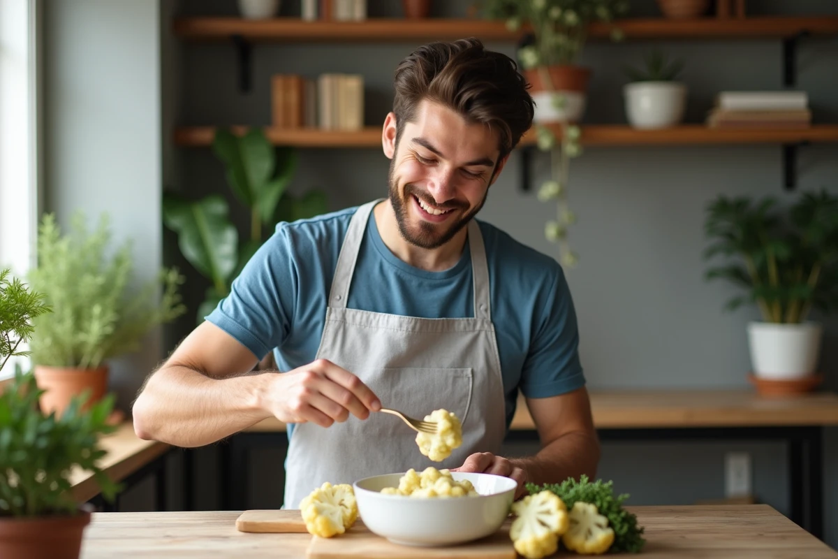 Jeune homme vérifiant la tendreté du chou-fleur vapeur