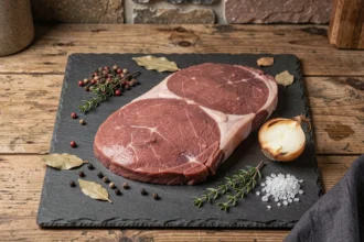 Langue de bœuf crue sur planche en ardoise entourée d'aromates et d'épices pour la cuisson en cocotte minute