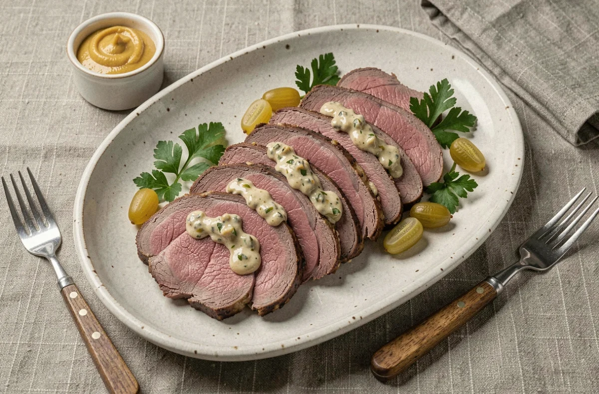 Langue de bœuf cuite et tranchée dressée sur un plat de service avec sauce gribiche et cornichons pour une présentation élégante