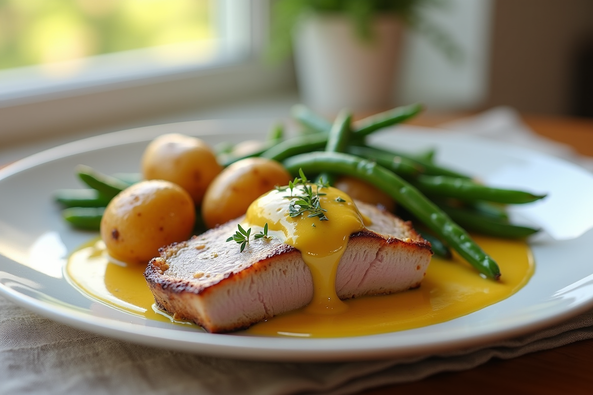 Part de lapin avec sauce à la moutarde sur une assiette moderne