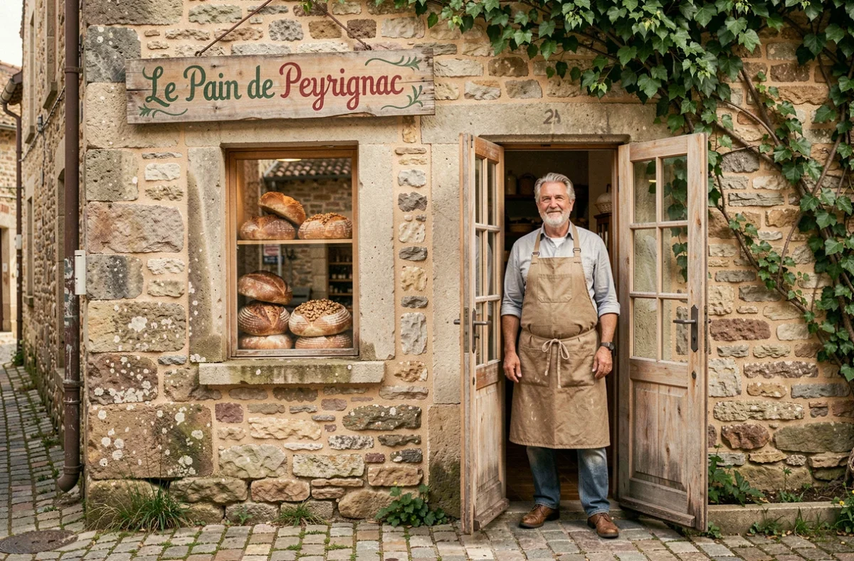 Devanture en pierre du Pain de Peyrignac en Périgord avec un boulanger à la porte et des miches de campagne en vitrine