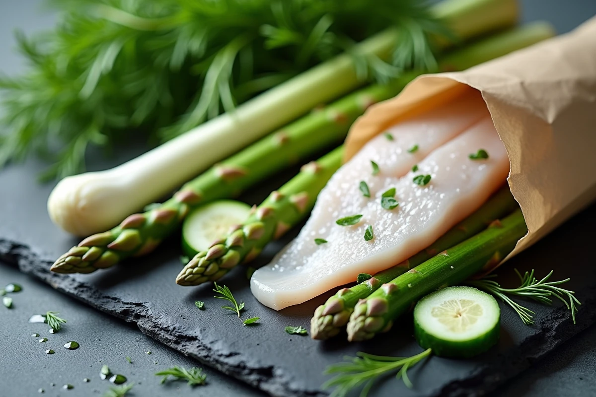 Légumes frais du marché et filet de poisson blanc sur ardoise pour une recette saine