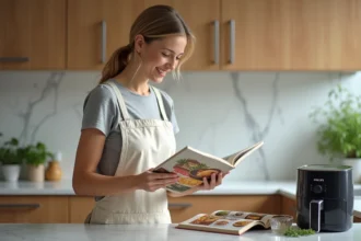 Femme consultant un livre de recettes airfryer Philips dans une cuisine moderne