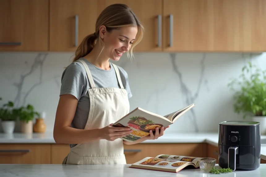 Femme consultant un livre de recettes airfryer Philips dans une cuisine moderne