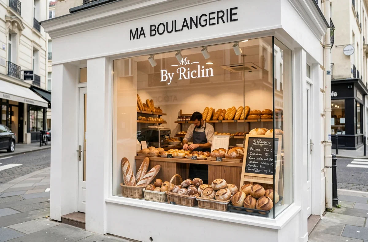 Devanture moderne et vitrine de la boulangerie Ma Boulangerie By Riclin avec pains artisanaux exposés