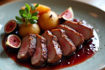 Magret de canard tranché avec figues caramélisées et pommes de terre