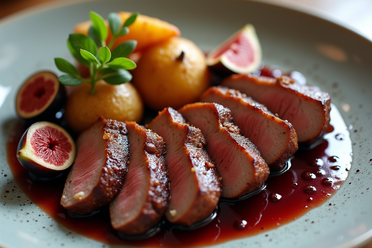Magret de canard tranché avec figues caramélisées et pommes de terre