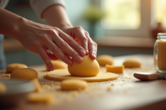 Mains façonnant du marzipan maison sur une table en bois