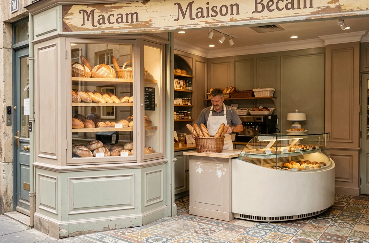 Intérieur de la Maison Becam à Caudéran avec un boulanger en tablier blanc arrangeant des baguettes artisanales derrière un comptoir en verre