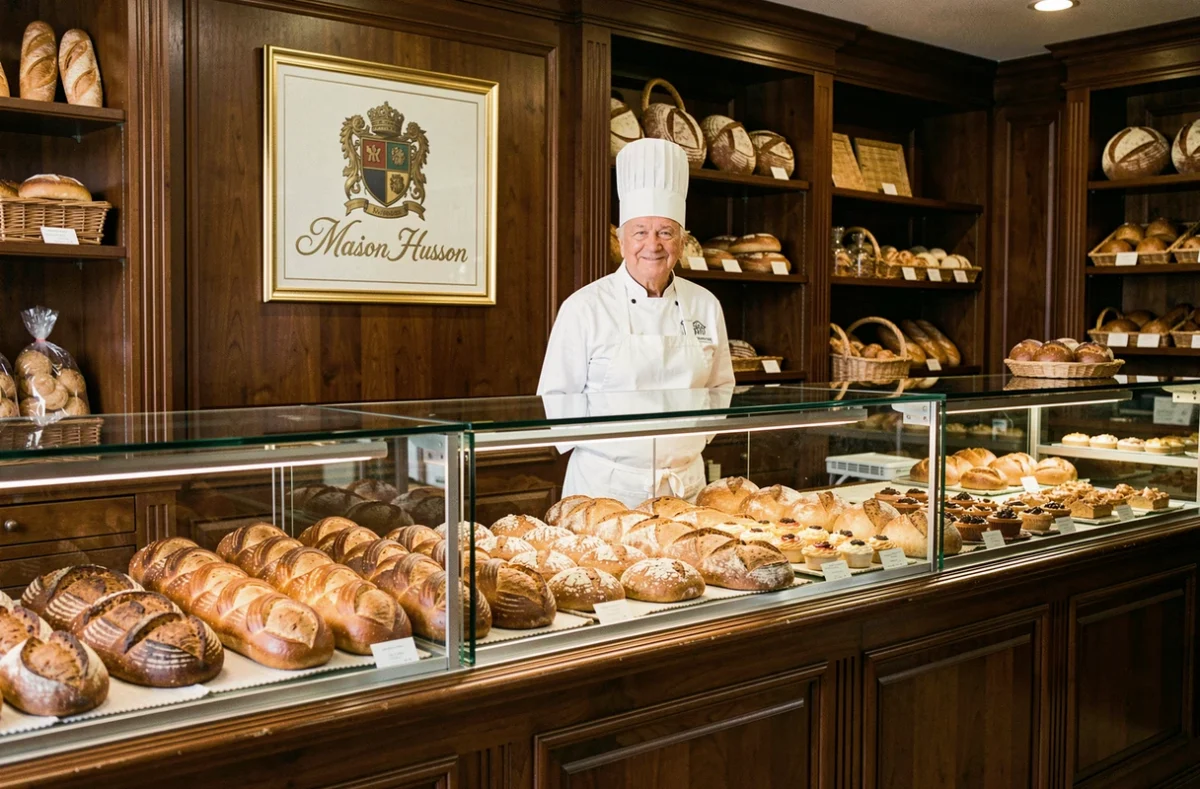 Intérieur classique de la Maison Husson avec brioche tressée et pains de tradition exposés en vitrine