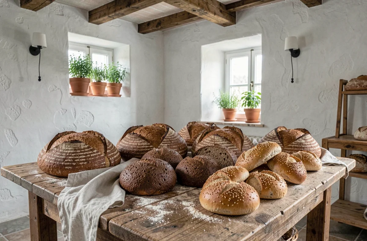 Sélection de pains artisanaux de la Maison Perrin sur une table en bois brut avec miches de campagne, pains de seigle et petits pains aux sésames