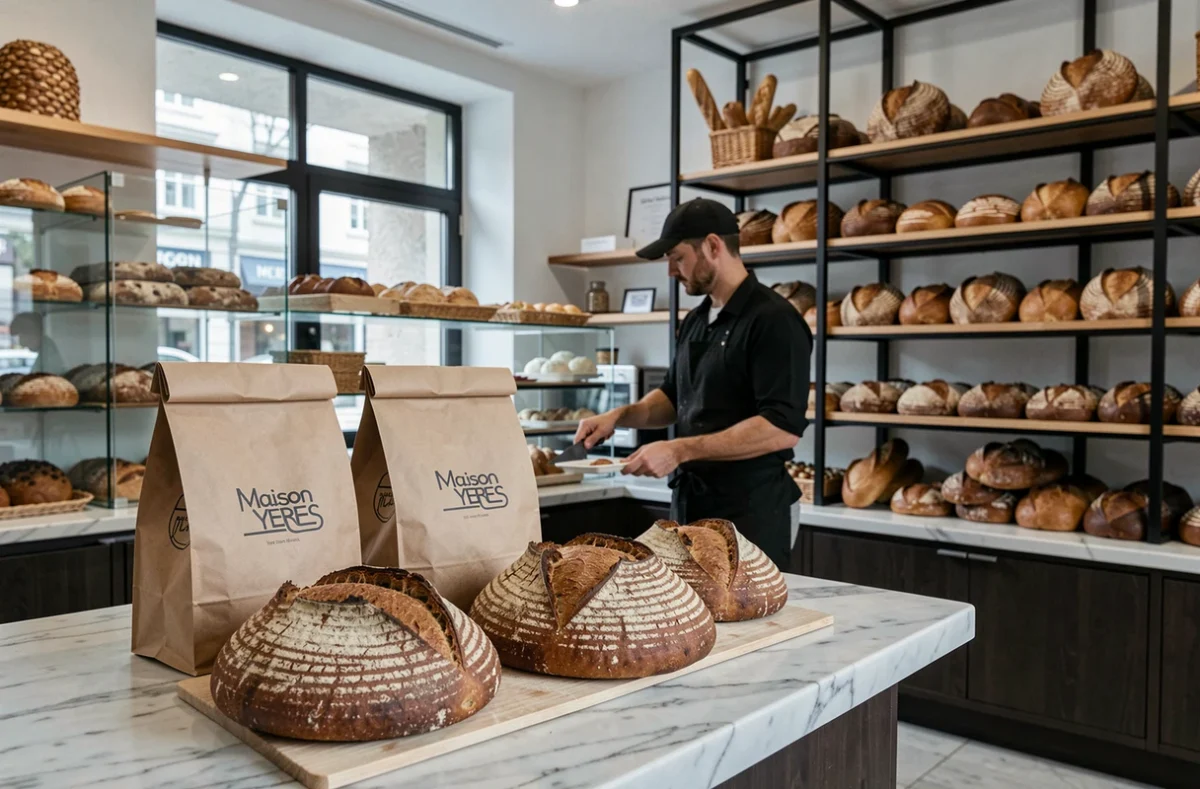 Intérieur élégant de la Maison Yeres avec pains au levain artistiquement scarifiés sur comptoir en marbre