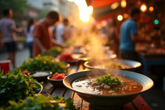 Marché de rue à Hanoi avec pho au lever du soleil