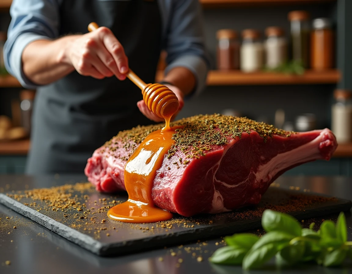 Mains enduisant un gigot de chevreuil d'une marinade au miel et aux épices sur un plan de travail en ardoise