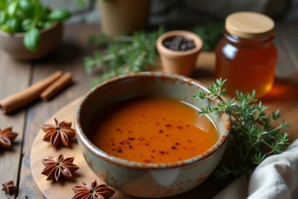 Marinade au miel et aux épices douces pour chevreuil dans un bol en céramique rustique entouré d'anis étoilé, cannelle et thym frais