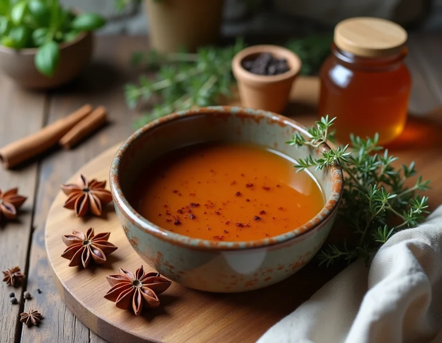 Marinade au miel et aux épices douces pour chevreuil dans un bol en céramique rustique entouré d'anis étoilé, cannelle et thym frais