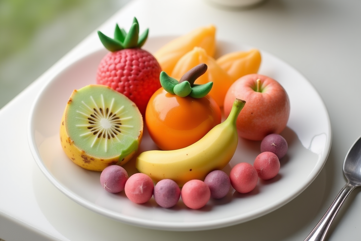Fruits en marzipan colorés et formes sur une assiette blanche
