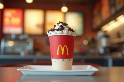 McFlurry McDonald's servi dans un gobelet rouge et blanc sur un plateau de restauration rapide, avec glace vanille et morceaux de cookies