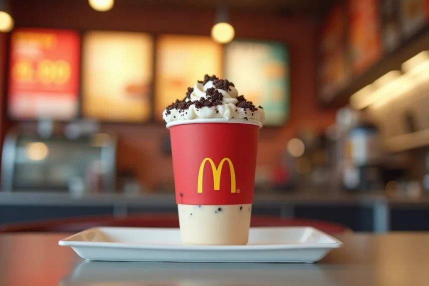McFlurry McDonald's servi dans un gobelet rouge et blanc sur un plateau de restauration rapide, avec glace vanille et morceaux de cookies