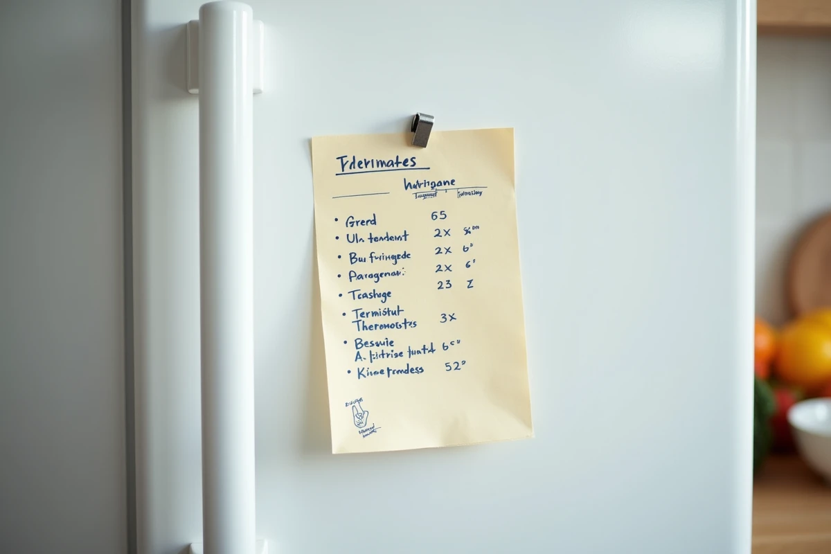Mémo manuscrit avec tableau de températures de cuisson en degrés et thermostat collé sur un réfrigérateur blanc