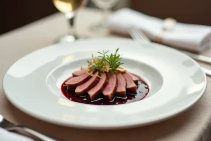 Assiette gastronomique raffinée au restaurant Rivoli avec magret de canard, réduction de cerise et feuille d'or sur nappe en lin brodée