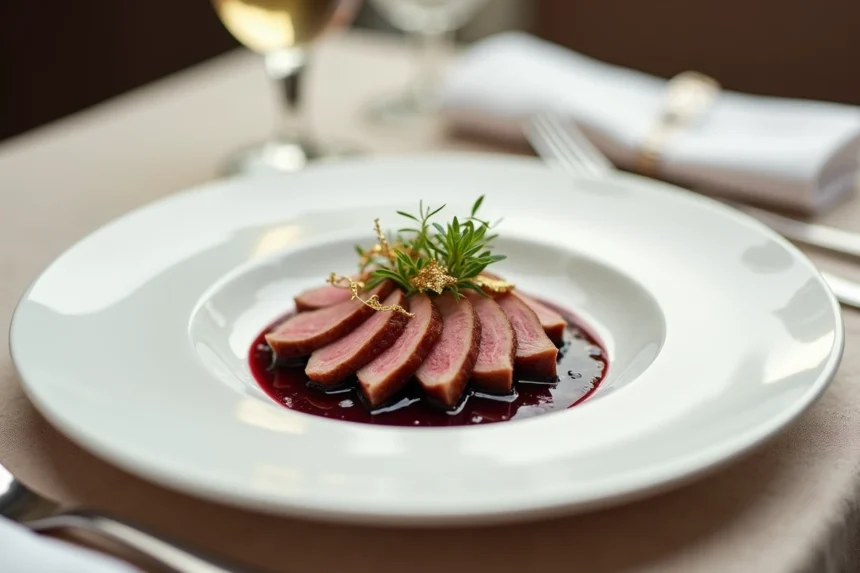 Assiette gastronomique raffinée au restaurant Rivoli avec magret de canard, réduction de cerise et feuille d'or sur nappe en lin brodée