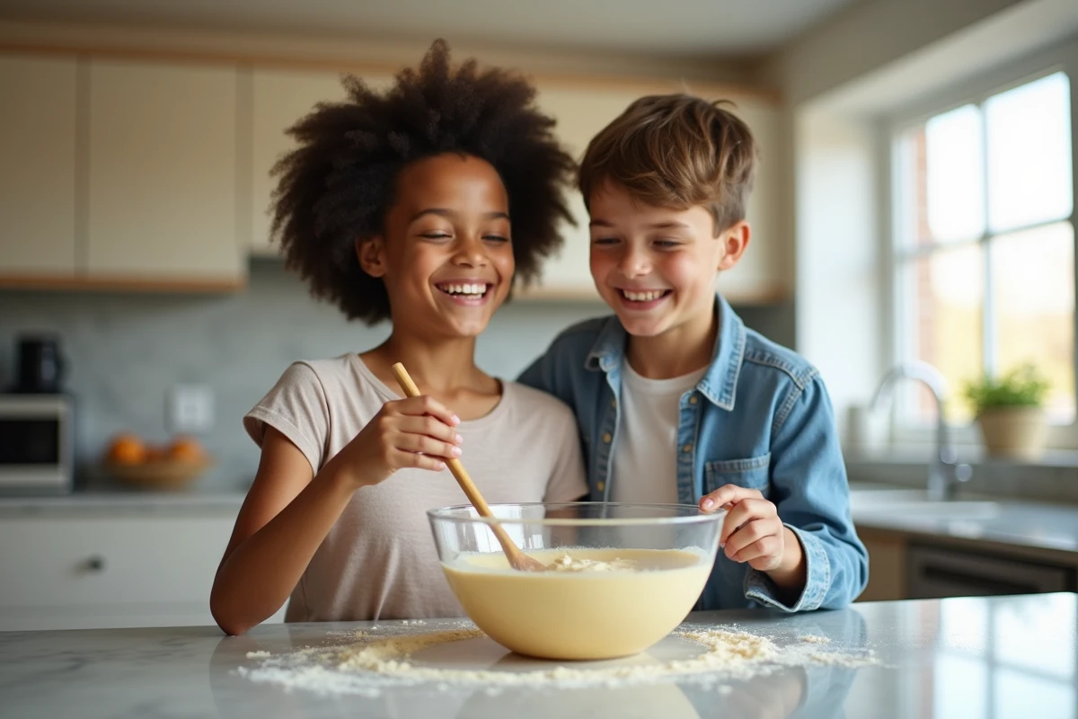 Maman et son fils mélangeant ensemble la pâte à gaufres dans une cuisine moderne un matin de week-end