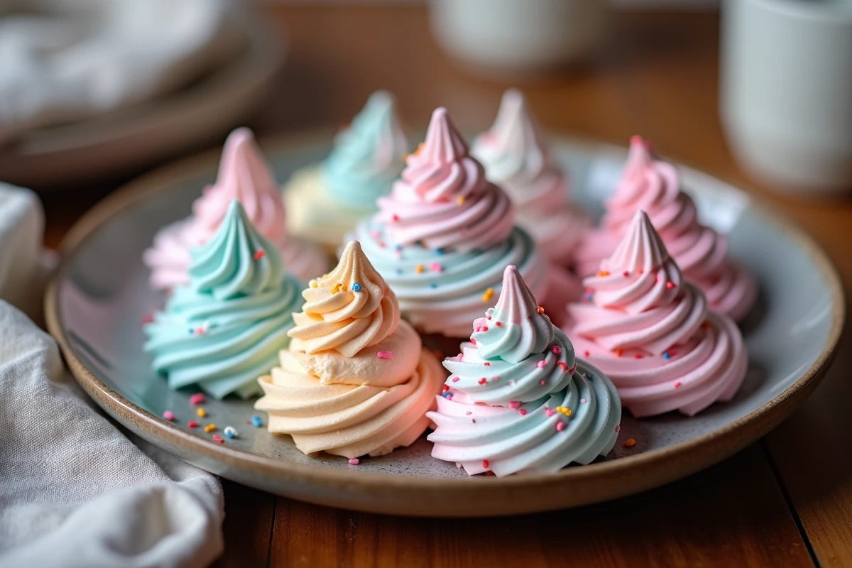 Cookies meringue en forme de licorne avec décor pastel et sprinkles