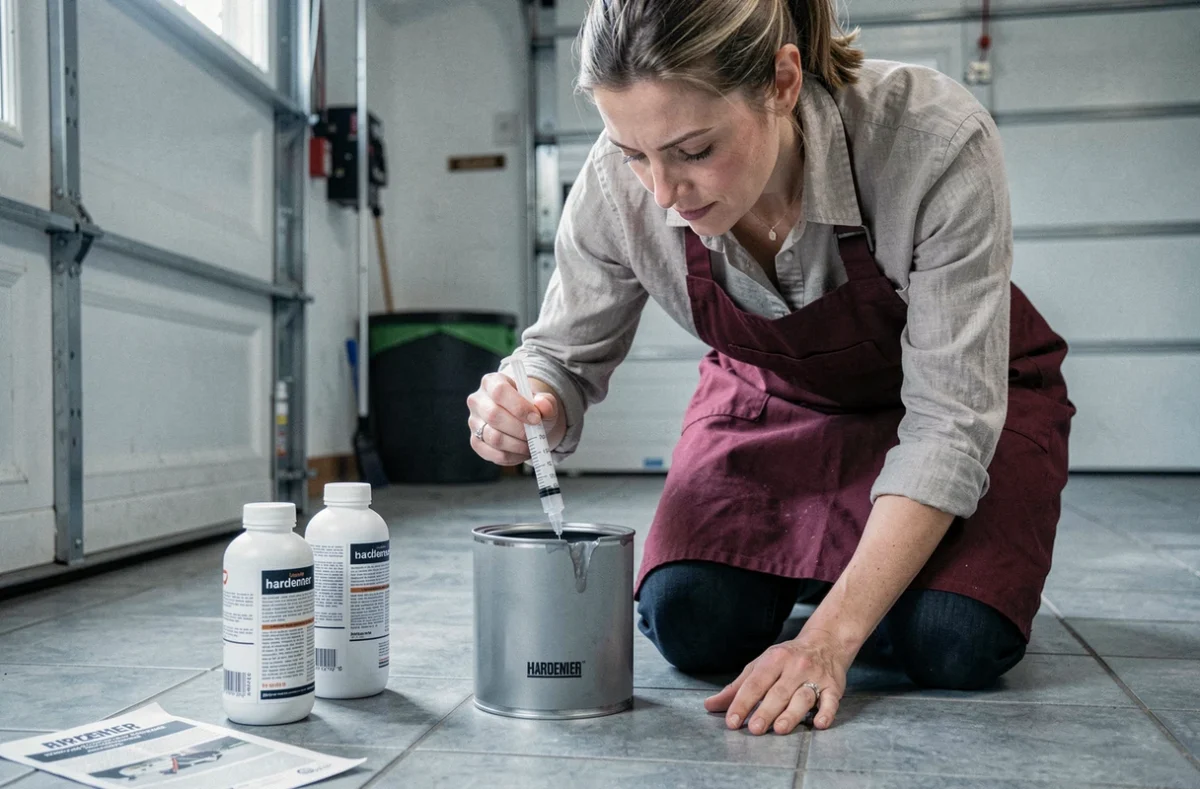 Femme mesurant un produit de traitement en millilitres avec une seringue graduée pour un projet de peinture de sol