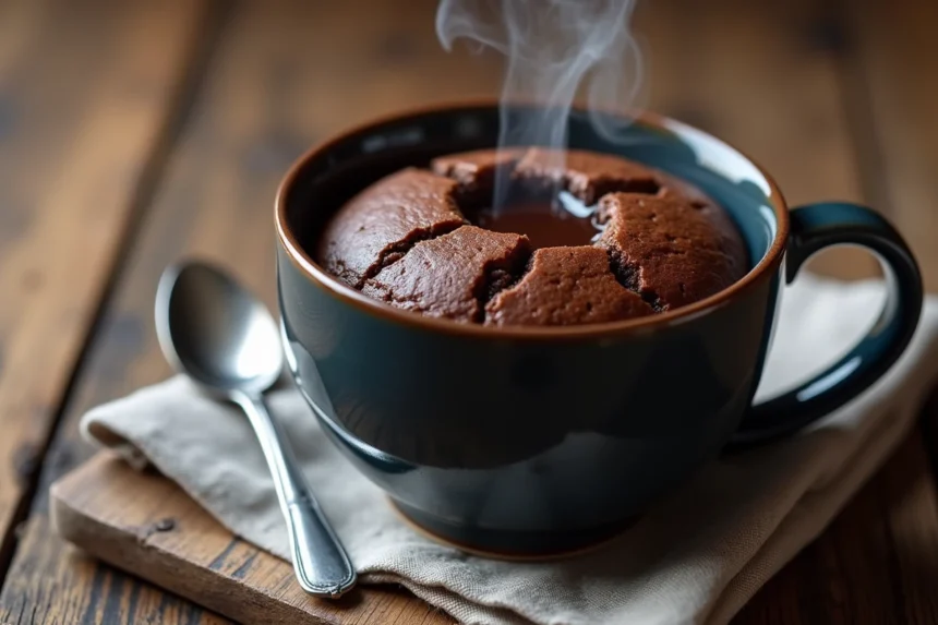 Mugcake au chocolat sans oeuf dans un mug en céramique bleu marine sur un plan de travail en bois rustique, vue de dessus