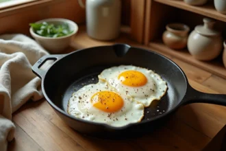 Œufs au plat dans une poêle en fonte sur un comptoir en bois rustique, parfaits pour un repas riche en protéines