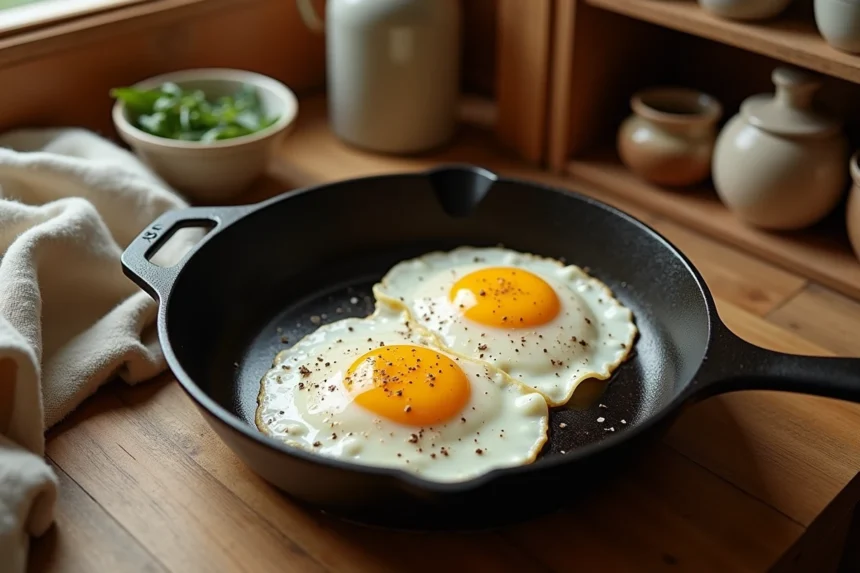 Œufs au plat dans une poêle en fonte sur un comptoir en bois rustique, parfaits pour un repas riche en protéines