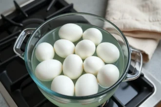 Oeufs durs plongés dans l'eau froide dans une casserole en verre sur une plaque de cuisson, méthode de cuisson départ eau froide