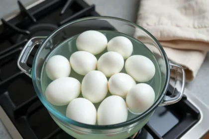 Oeufs durs plongés dans l'eau froide dans une casserole en verre sur une plaque de cuisson, méthode de cuisson départ eau froide